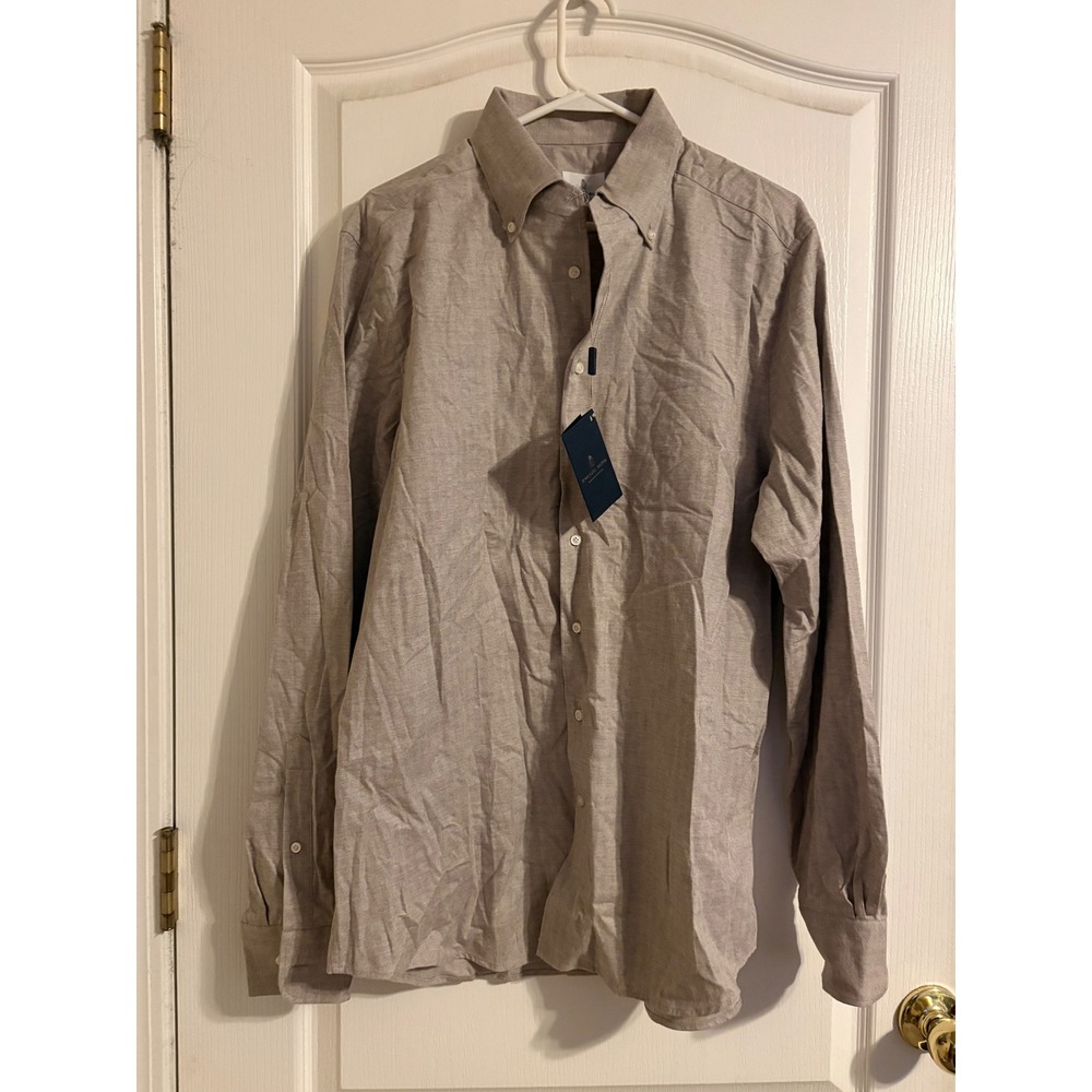 Emanuel Berg Shirt Mens L/XL Taupe New Herringbone Modern Fit Button Down 17